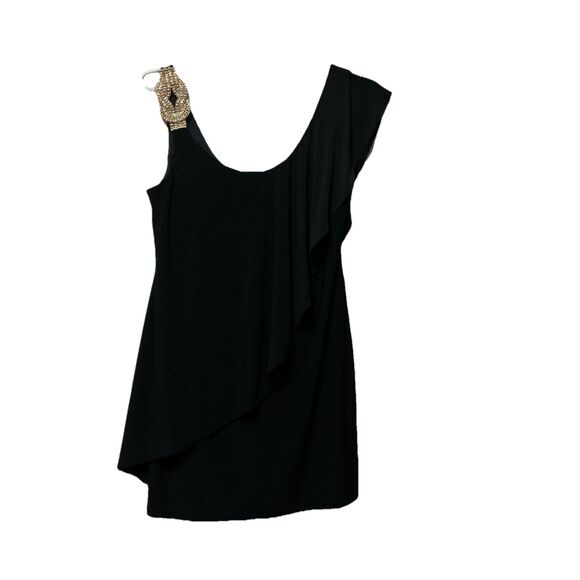 Betsy And Adam Black Mini Dress 10P Chiffon Overlay Sequin Shoulder Strap Lined - Picture 1 of 7